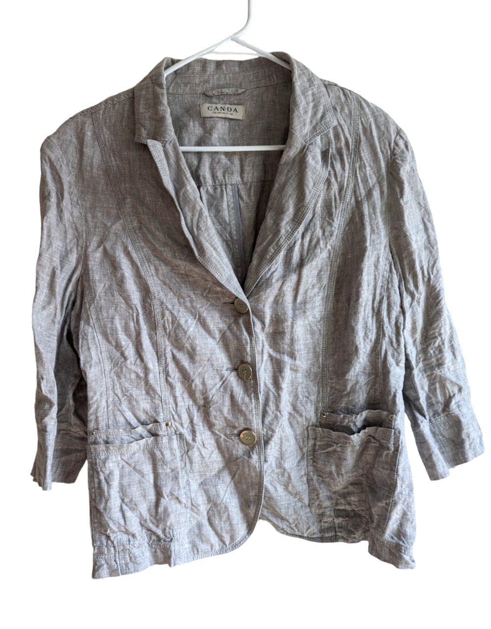 CANDA C&A Women's Grey 100% Linen Work Blazer Size 44 3/4 Roll Tab Sleeve